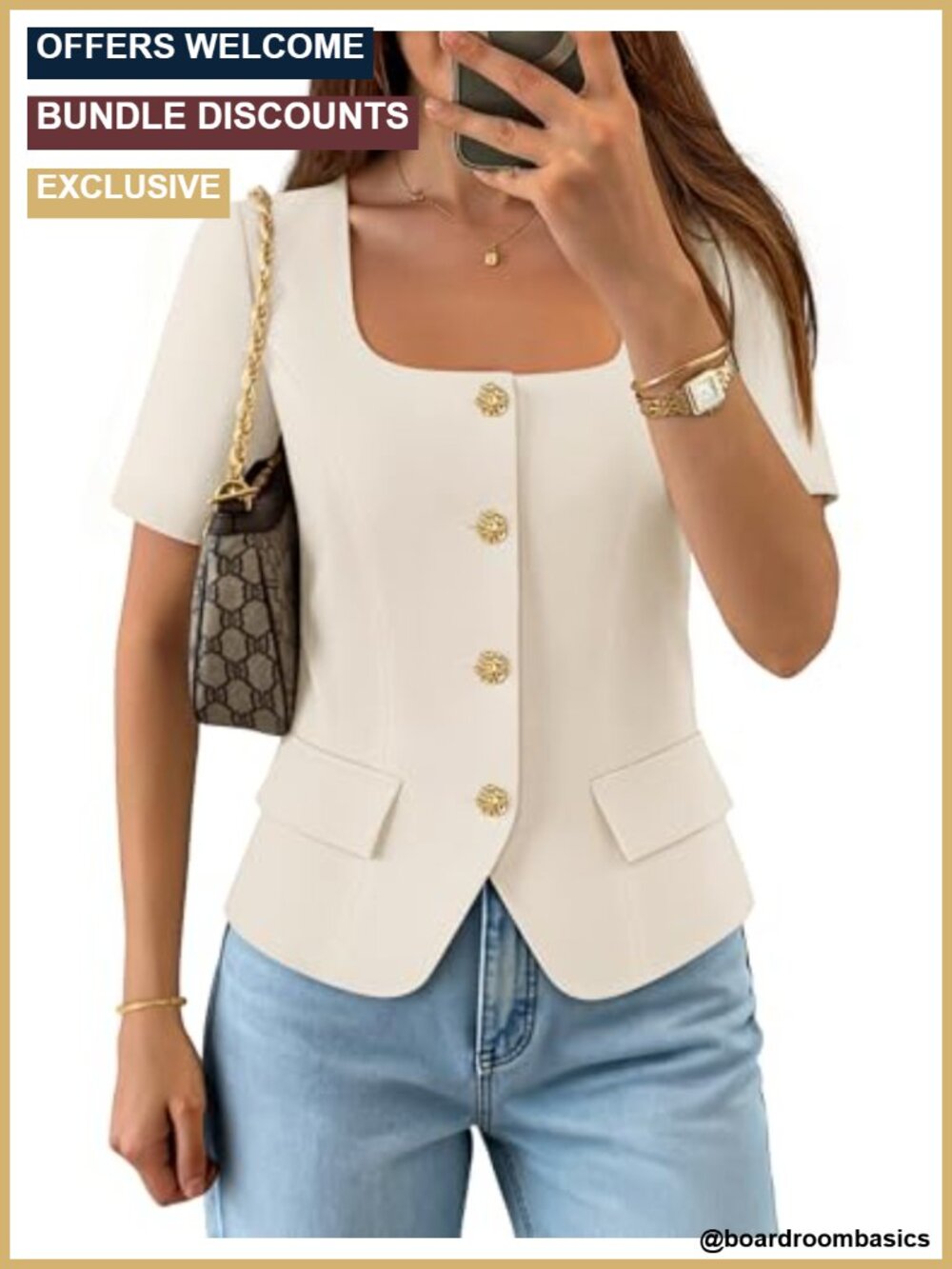 Square Neck Cropped Suit Vest Blouse Short Sleeve Blazer for Women